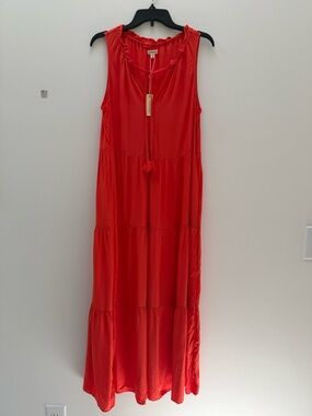 Max Studio Red Sleeveless Tiered Maxi Dress with Tassel Tie